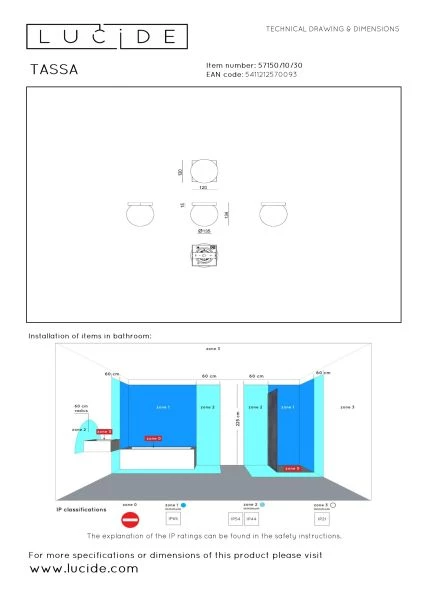 Lucide TASSA - Plafonnier Salle de bains - Ø 13,5 cm - LED Dim to warm - 1x12W 1800K/3000K - IP40 - Noir - technique